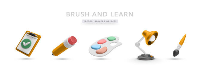 Artistic School Essentials Including Clipboard, Pencil, Color Palette, Desk Lamp, And Brush. Ideal For Creative Learning Materials. Colorful And Editable 3D Vector Illustration For Any Use.