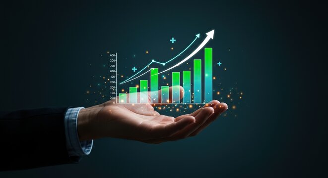 Hand holding a glowing digital financial growth chart with rising arrows and data points