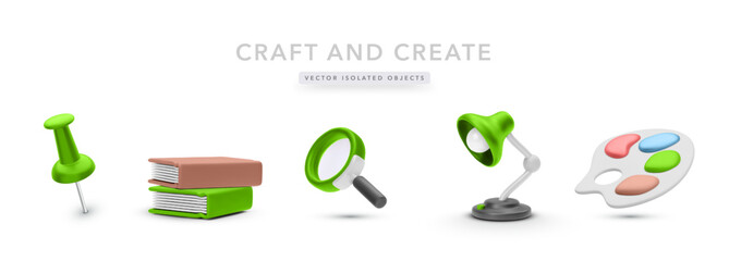 3D Creative Icon Set Featuring Push Pin, Books, Magnifying Glass, Desk Lamp, And Paint Palette. Perfect For Arts, Study, And DIY Projects. Colorful Vector Illustration.