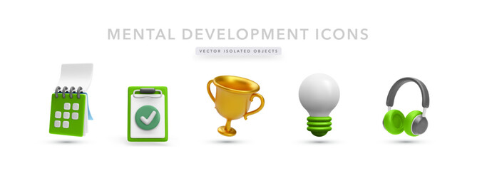 3D Vector Icons Set Featuring Calendar, Checklist, Trophy, Lightbulb, And Headphones. Ideal For Mental Development, Personal Growth, And Motivation Projects. Colorful Vector Illustration.
