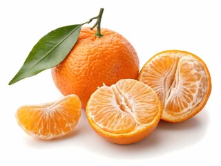 Whole and segmented mandarin orange with a green leaf isolated on white background