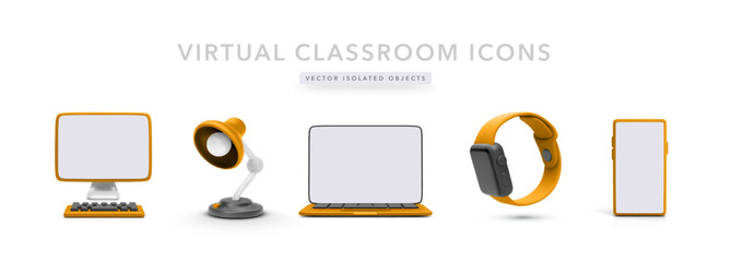 3D Virtual Learning Icons Featuring Desktop, Laptop, Smartwatch, Smartphone, And Desk Lamp. Ideal For Online Courses, Remote Education, And Digital Tools. Modern Vector Illustration.