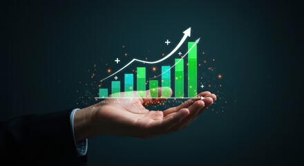 Hand holding a rising bar graph symbolizing financial growth and success