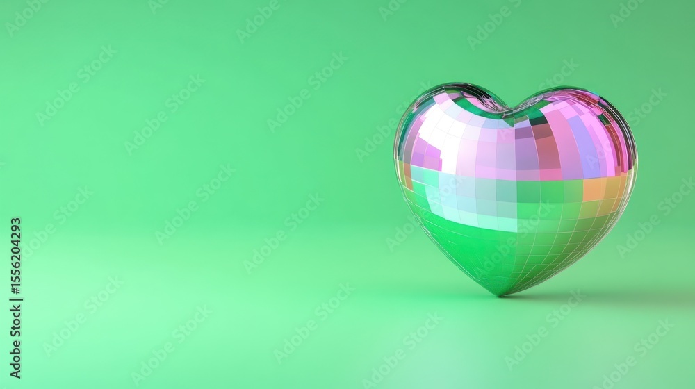Poster iridescent heart shape object on green background