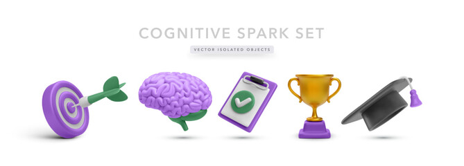 3D Education Icons With Target, Brain, Checklist, Trophy, And Graduation Cap In Purple And Gold Tones. Perfect For Learning, Memory Training, Or Academic Goals. Vector Illustration.