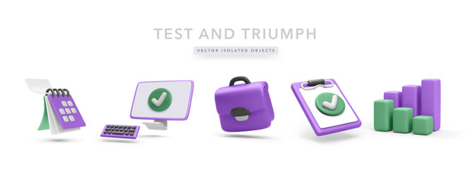 3D Education Icons Including Calendar, Monitor, Briefcase, Checklist, And Bar Graph In Purple And Green Theme. Ideal For Online Learning, Exams, Or Progress Tracking. Vector Illustration.
