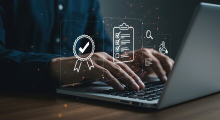 Business professional using laptop with digital quality assurance and compliance icons