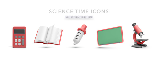 Educational Science Icons Including Calculator, Open Book, Dropper, Blackboard, And Microscope In Colorful 3D Style. Perfect For School Subjects And Classroom Use. Vector Illustration.