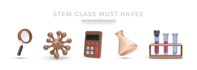 STEM-Themed Vector Illustration Featuring Magnifying Glass, Virus Cell, Calculator, Flask, and Test Tubes. Great for Science Education, Lab Projects, and School Materials.