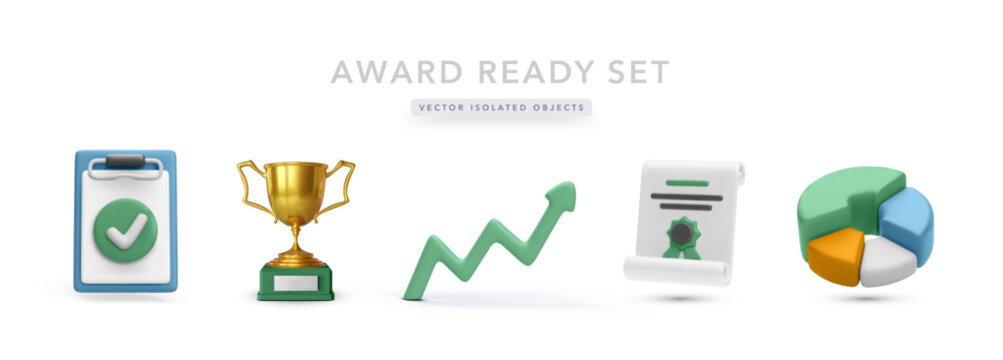 Business And Award Icons Including Trophy, Certificate, Checklist, Graph Arrow, And Pie Chart In Colorful 3D Style. Suitable For Achievement Themes. Vector Illustration.