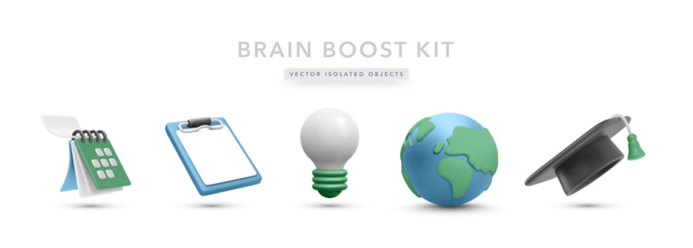 Education Icons Set Including Globe, Calendar, Clipboard, Graduation Cap, And Lightbulb In Clean 3D Style. Ideal For Global Learning Concepts. Vector Illustration.