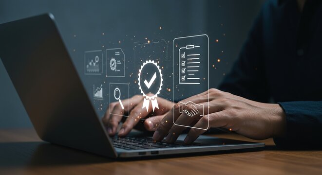 Business professional reviewing digital checklist and quality assurance icons on laptop