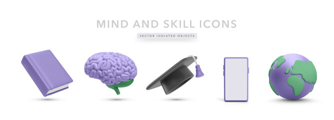 Education and Digital Learning Icons Featuring Book, Brain, Graduation Cap, Smartphone, and Globe in Bright 3D Style. Perfect for eLearning, Global Skills, and Knowledge Apps. Vector Illustration.