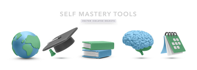 Education and Personal Growth Icons Featuring Globe, Graduation Cap, Books, Brain, and Calendar in Playful 3D Style. Ideal for Study, Planning, and Self-Improvement Projects. Vector Illustration.