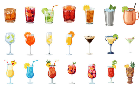 Vector icon set of 21 popular alcoholic cocktails: Mimosa, Bloody Mary, Sangria, Blue Lagoon, Pina Colada, Aperol Spritz, and more. Ideal for bar and restaurant menus, food blogs, event flyers.