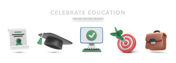 Education and Career Achievement Icons Including Diploma, Graduation Cap, Computer, Target, and Briefcase in Playful 3D Cartoon Style. Great for Learning Themes. Vector Illustration.