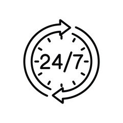 Simple black line art icon of a clock with 24 7 and circular arrows