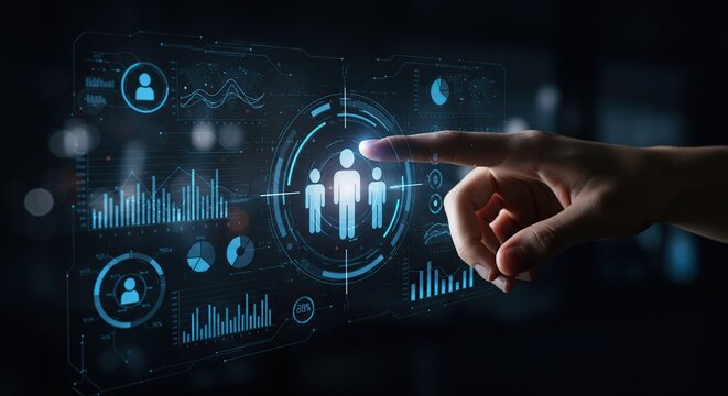 Human hand interacting with a futuristic digital interface displaying data and analytics