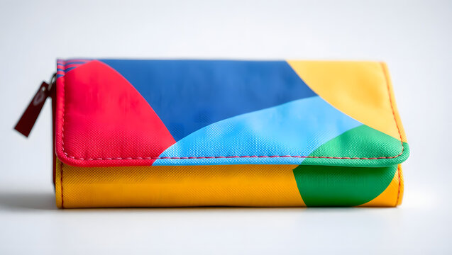 Colorful Abstract Wallet: A vibrant and stylish wallet featuring an abstract design of red, yellow, blue, and green circles and curves. The wallet is closed.