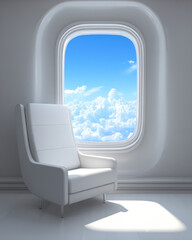Sleek white room with armchair, large window, and sky view