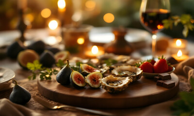 Naklejka premium Fig oyster strawberry appetizer platter