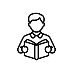 Stylized outline icon of a person reading an open book