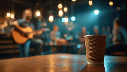 A disposable coffee cup sits on a wooden table in a dimly lit cafe, with musicians performing in the background