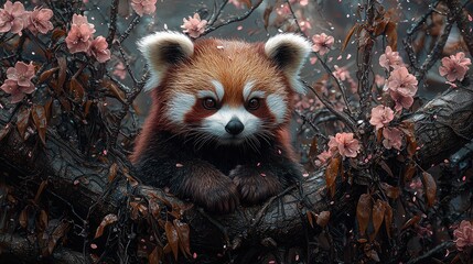Fototapeta premium Red panda resting in a blossom-laden tree.