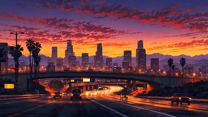 Fototapeta premium Vibrant Los Angeles Sunset: Fiery Sky Over a Dynamic Cityscape and Freeway