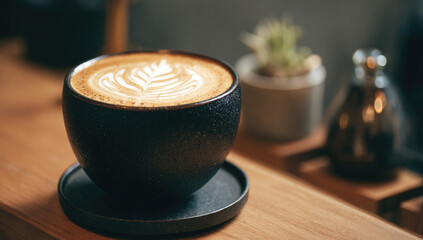 Aromatic latte art in a dark mug on a wooden surface