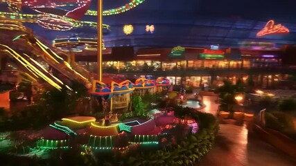 Spectacular indoor amusement park and shopping mall at night, entertainment destination