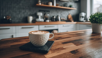 Aromatic coffee cup on wooden kitchen counter
