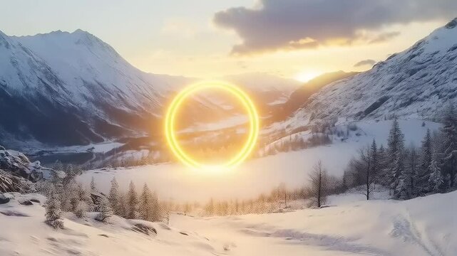 Surreal glow ring against a snow-covered mountain backdrop at golden hour