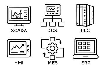 Industrial automation symbols: scada, dcs, plc, hmi, mes, erp systems