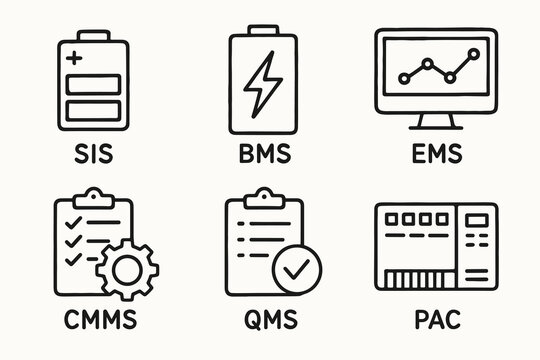 Illustrated icons of sis, bms, ems, cmms, qms, and pac systems