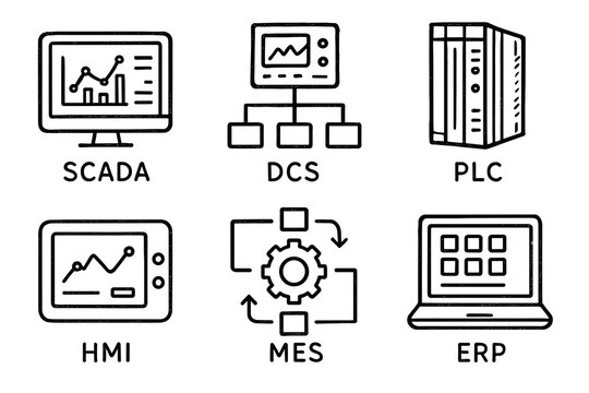 Industrial automation symbols: scada, dcs, plc, hmi, mes, erp systems