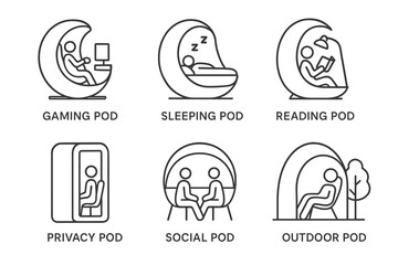 Fototapeta premium Line icons of gaming, sleeping, reading, privacy, social, and outdoor pods