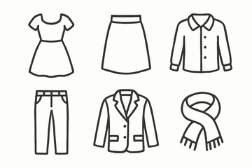 Simple clothing icons: dress, skirt, shirt, pants, blazer, scarf