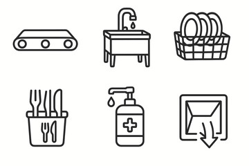 Kitchen appliance and hygiene icons set: dishwasher, sink, soap dispenser, dishes