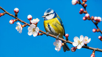 A beautiful small blue tit with yellow and black feathers rests on a green branch