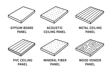 Various ceiling panel types: gypsum, acoustic, metal, pvc, mineral fiber, wood veneer