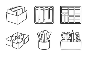 Black and white icon set of desk organizers and stationery tools