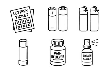 Black and white illustrations of everyday items - lottery ticket, batteries, lighters, lip balm, pain reliever, breath spray