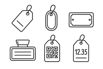 Set of black outline price tags with qr code and price display