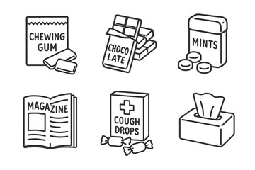 Hand-drawn icons of chewing gum, chocolate, mints, magazine, cough drops, tissues