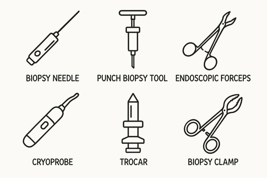 Medical instruments icons: biopsy needle, punch biopsy tool, endoscopic forceps