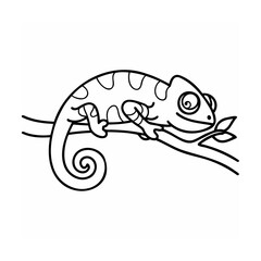Black line art chameleon on branch with leaves reptile
