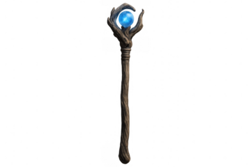 Mystical wooden staff with luminous blue orb, radiating magical power and supernatural enchantment against transparent background