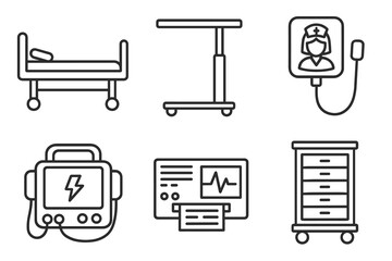 Medical equipment icons set: hospital bed, overbed table, patient monitor, defibrillator, ekg display, supply cart