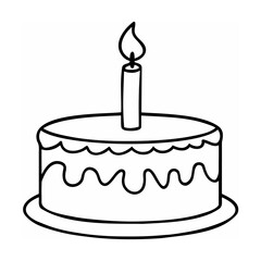 Black and white line art birthday cake with lit candle
